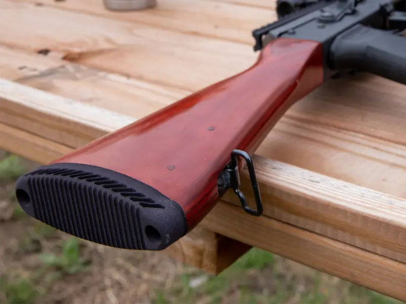 Close-up of butt pad texture and grip on Riley Defense stock