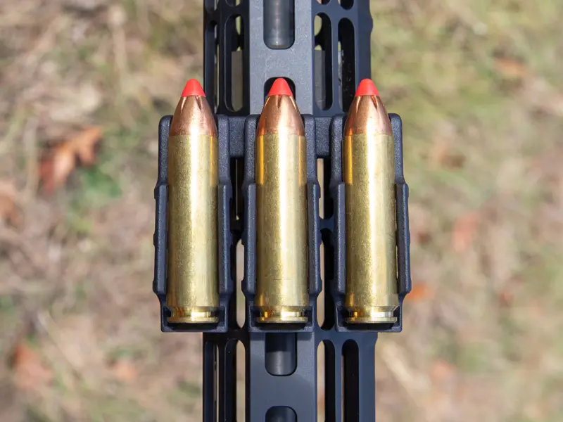 Detailed view of reinforced M-LOK mounting system and heavy-duty construction