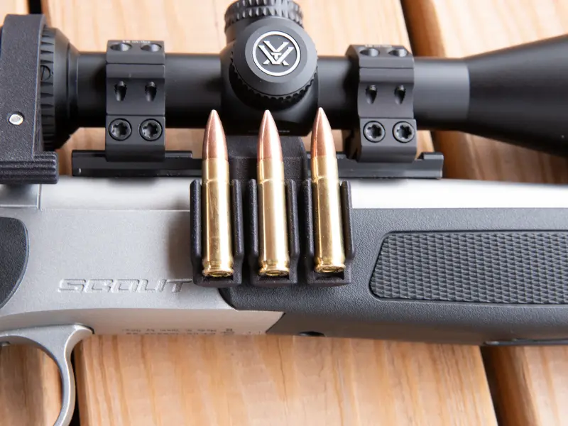CVA Scout rifle with Picatinny round holder displaying .223, 5.56, 300 Blackout compatibility