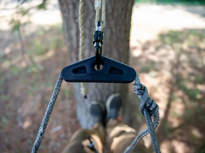 Saddle Hip Saver in use during tree saddle hunt, demonstrating comfort improvement