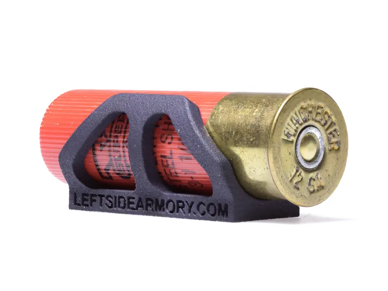 12 gauge shotgun round holder mounted on a shotgun, showing secure fit