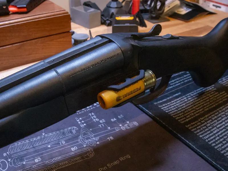 20 gauge shell holder with a round inserted, ready for use